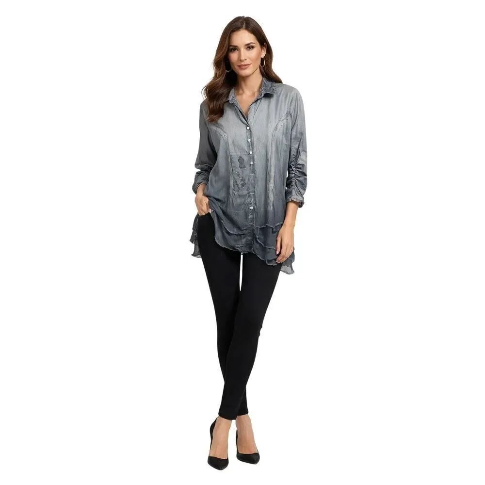 PARSLEY & SAGE Women's Cotton EmbroideredâRuffle Button Down Shirt Blue Small